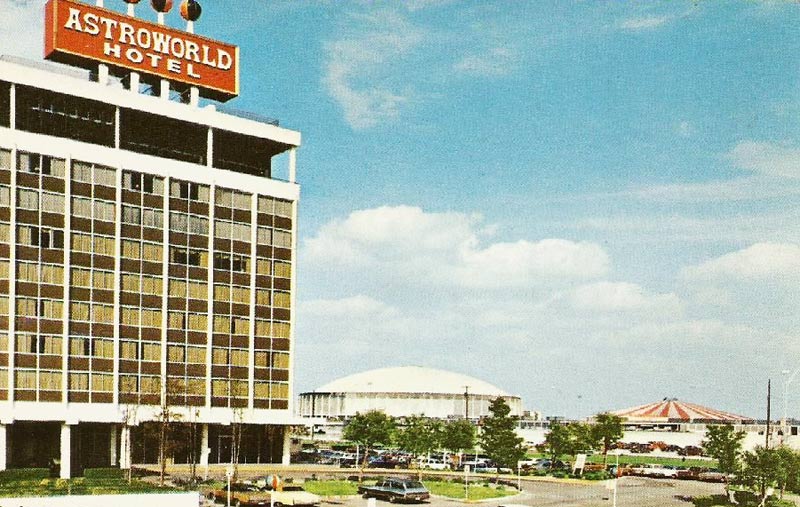 The Astroworld Hotel from an angle, looking out at the Astrodomain.